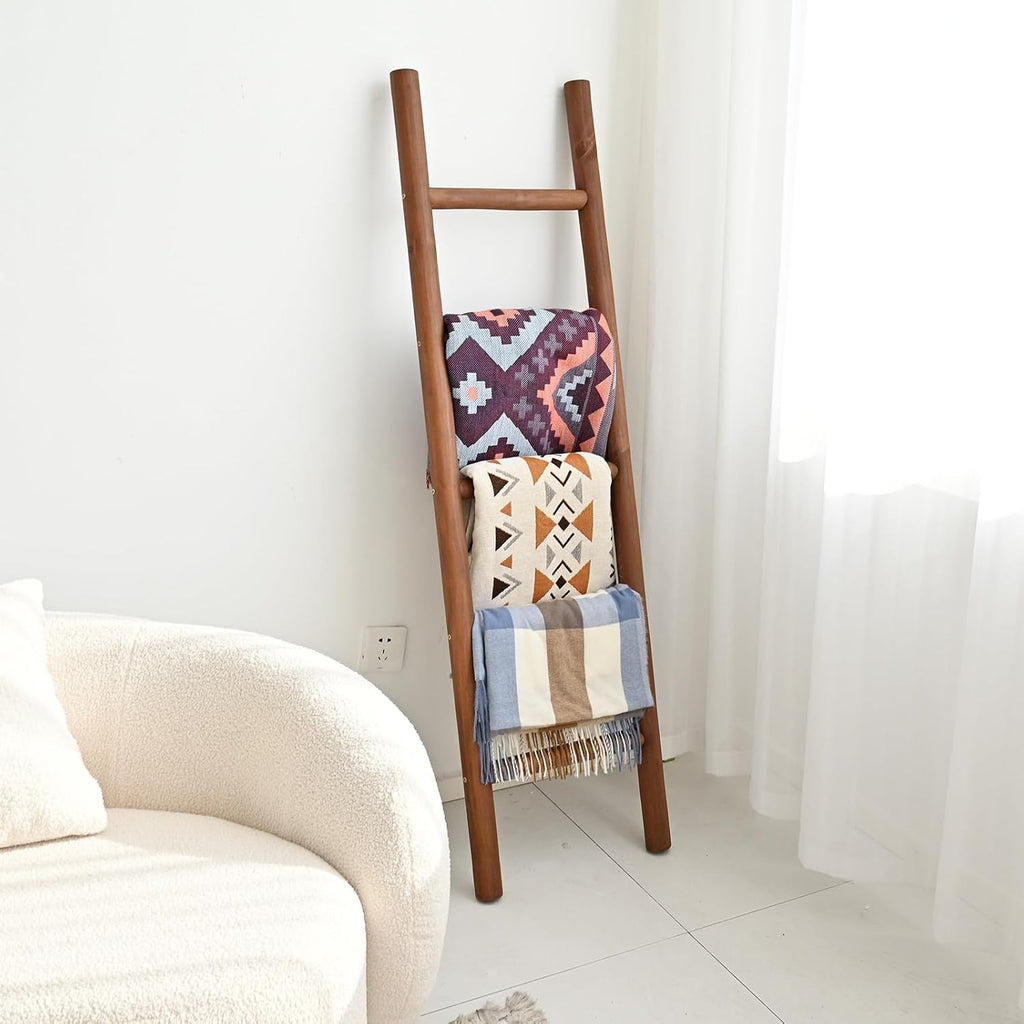 FUIN Blanket Ladder, 57in Rustic Solid Wood Decorative Ladder, Dark Brown