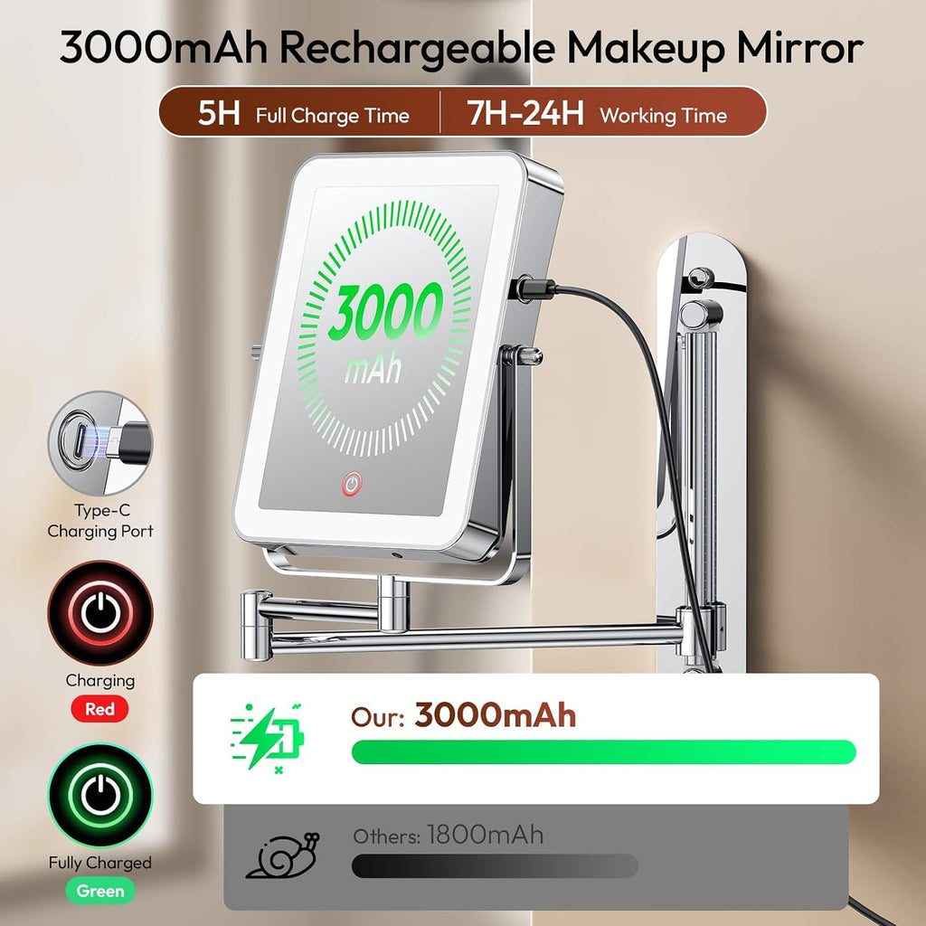 7“ Height Adjustable Wall Mounted Lighted Makeup Mirror with Light