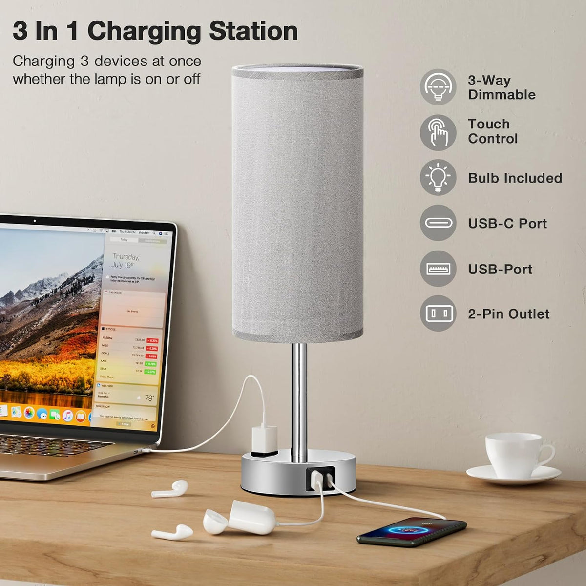 Fenmzee Grey Bedside Lamp for Bedroom, Dimmable Touch, USB A+C, AC Outlet