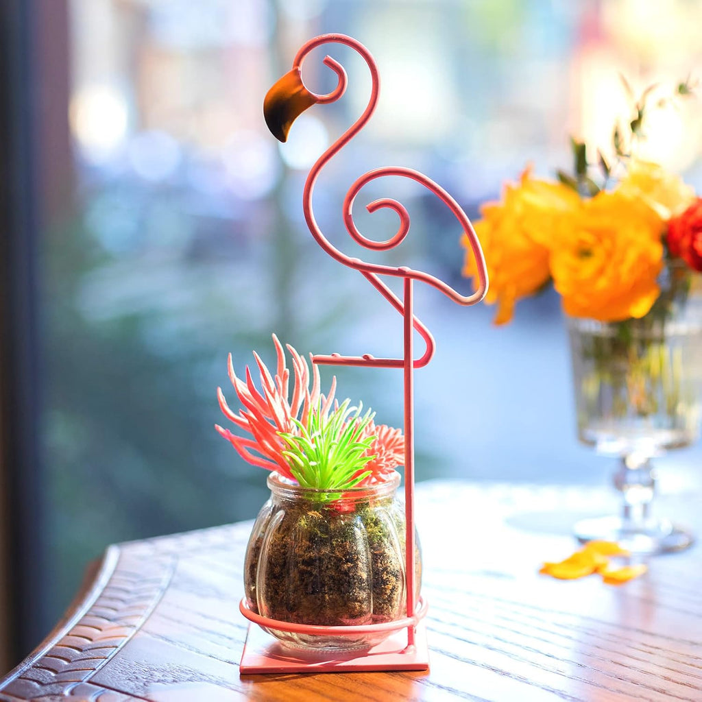 Tabletop Pink Flamingo Planter Propagation Station, Glass Vase Metal Stand