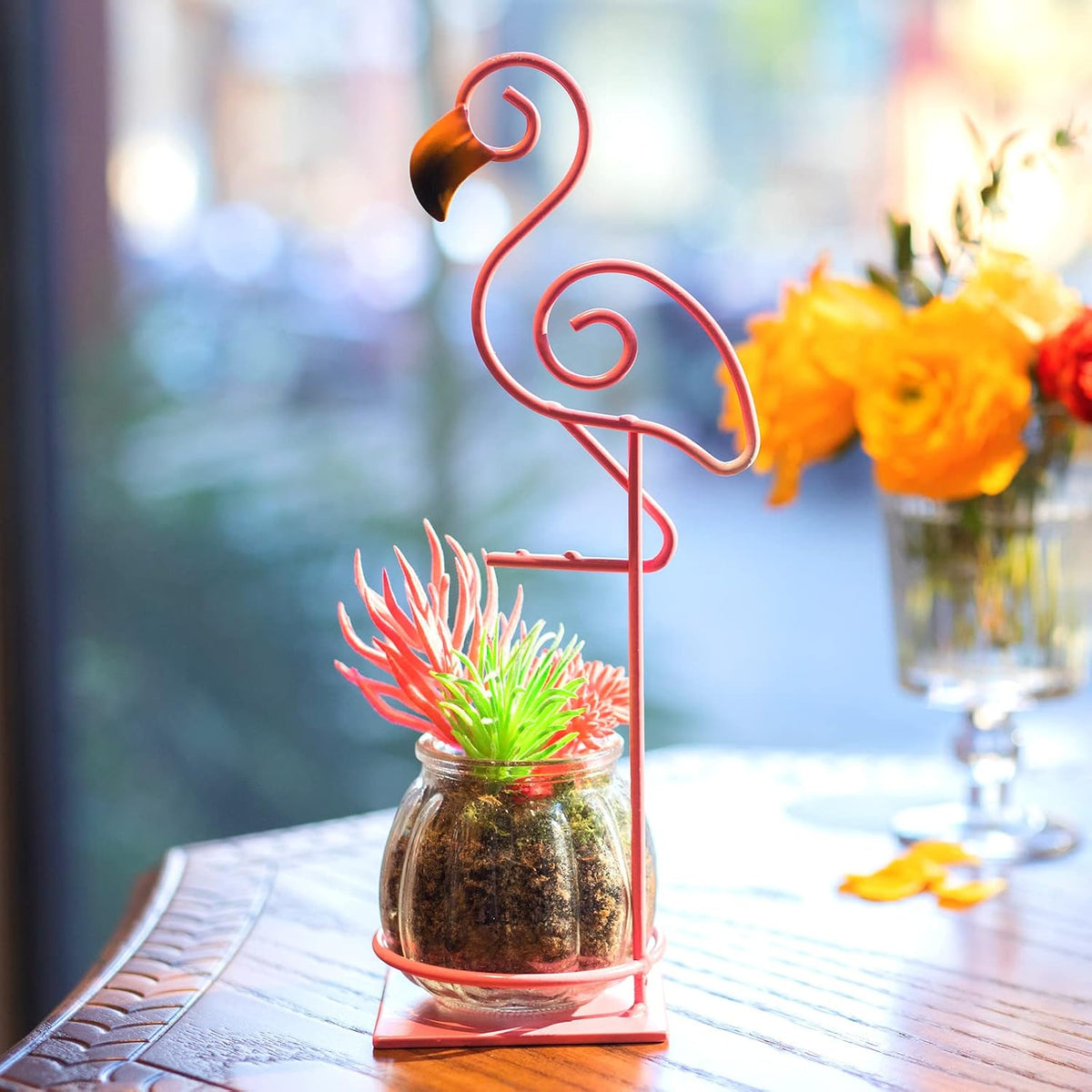 Tabletop Pink Flamingo Planter Propagation Station, Glass Vase Metal Stand