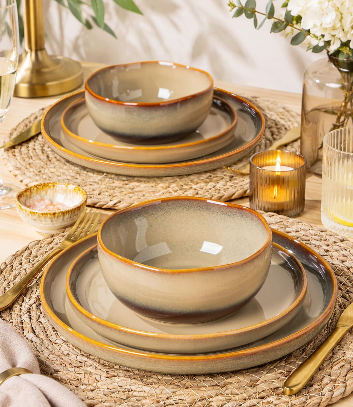 Ceramic Dinnerware Set for 4, 12-Piece Plates and Bowls Set