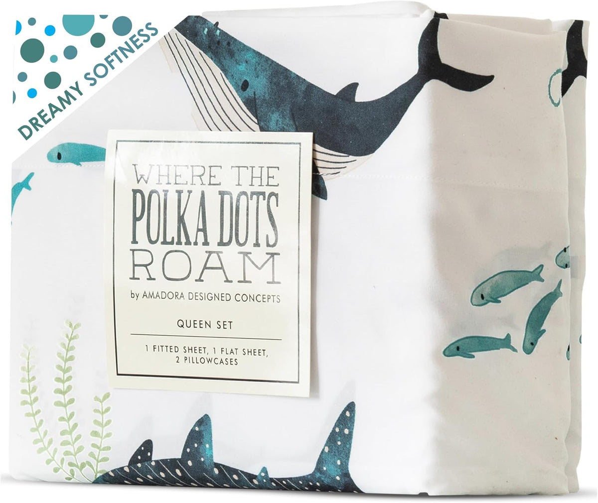 Where The Polka Dots Roam Nautical Ocean Queen Bedding Set - 4 Piece Super Soft Kids Bed Set with Fitted Sheet, Flat Sheet, and Pillowcases - Underwater Sea Creatures Design for Boys Girls Room Décor