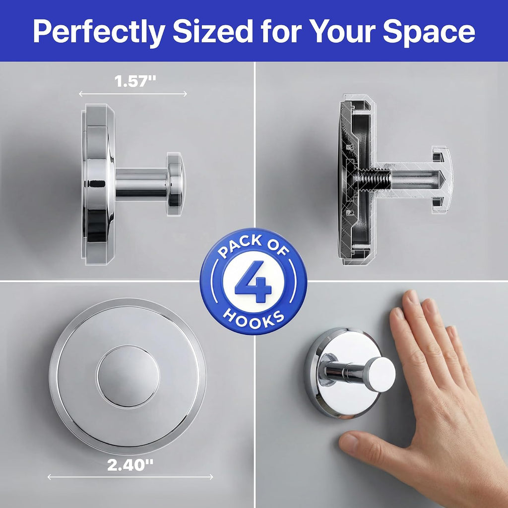 HOME SO Suction Cup Hooks for Shower & Bathroom Towel Holder 4-Pack Chrome