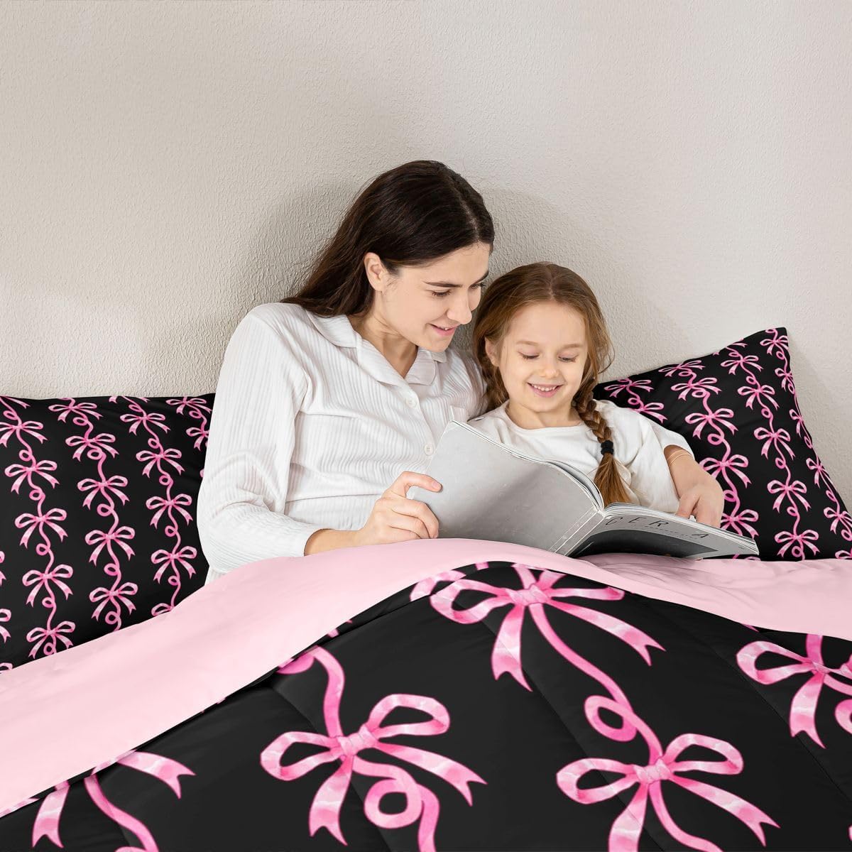 Erosebridal Pink and Black Bow Twin Comforter Set | Cute Coquette Bowtie Bedding Sets for Girls Kids, Pink Ribbon Bow Tie Striped Bed Set, Aesthetic Bows Room Decor, 1 Pillowcase