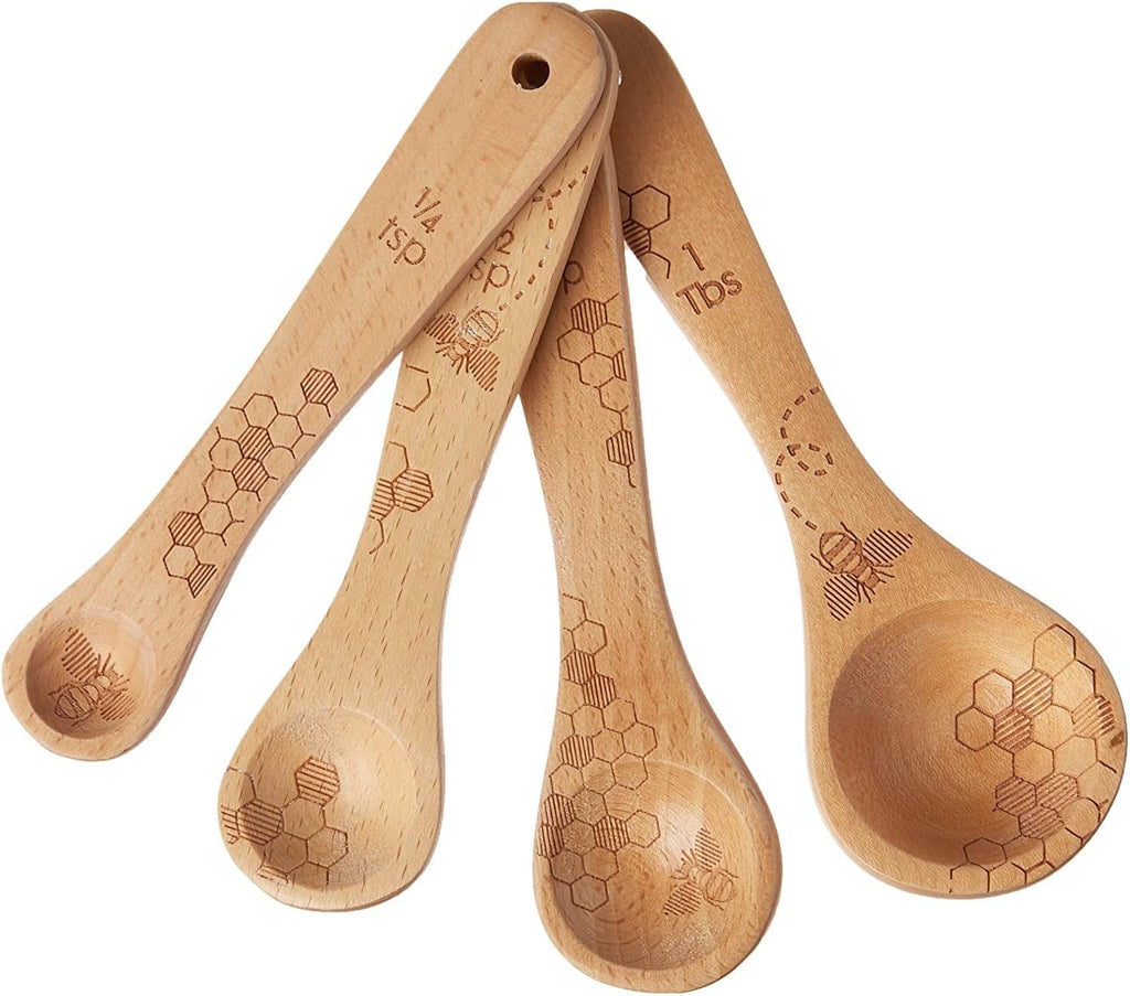 Talisman Designs Laser Etched Beechwood Measuring Spoons | Set of 4 | Honey Bee Design | Natural Wooden Measuring Spoons Set | Cute & Functional Kitchen Tools