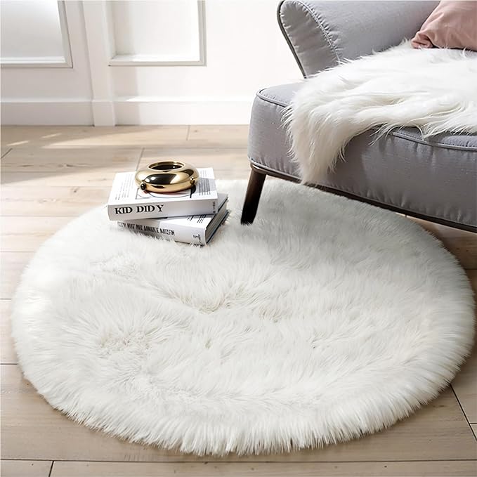 Round Fur Fluffy Area Rug for Bedroom, Cute Furry Nursery Carpet, Plush Shag - Image 9