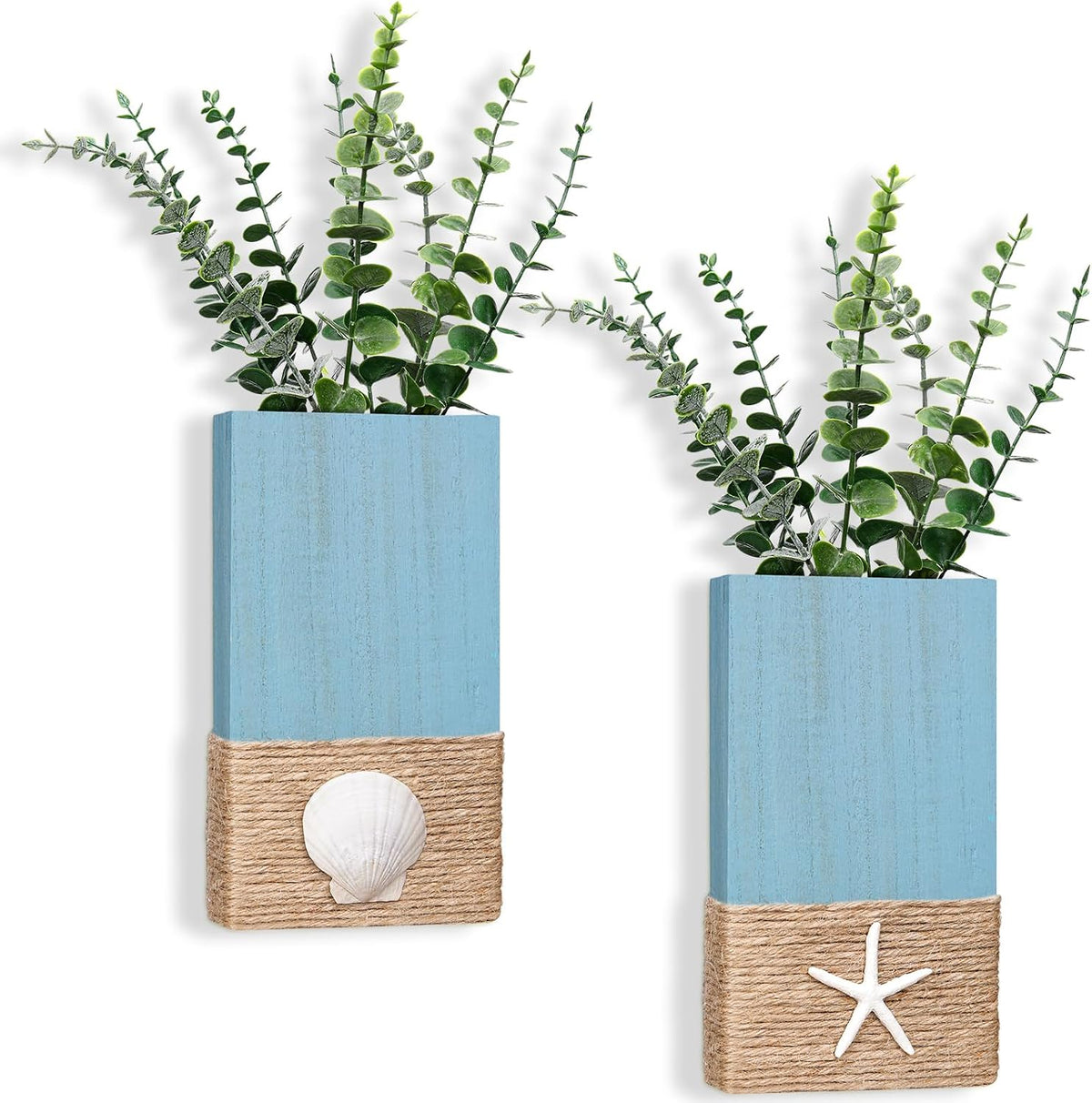 2 Pcs Beach Rustic Wood Wall Planter Vase, Coastal Decor, Seashell, Blue