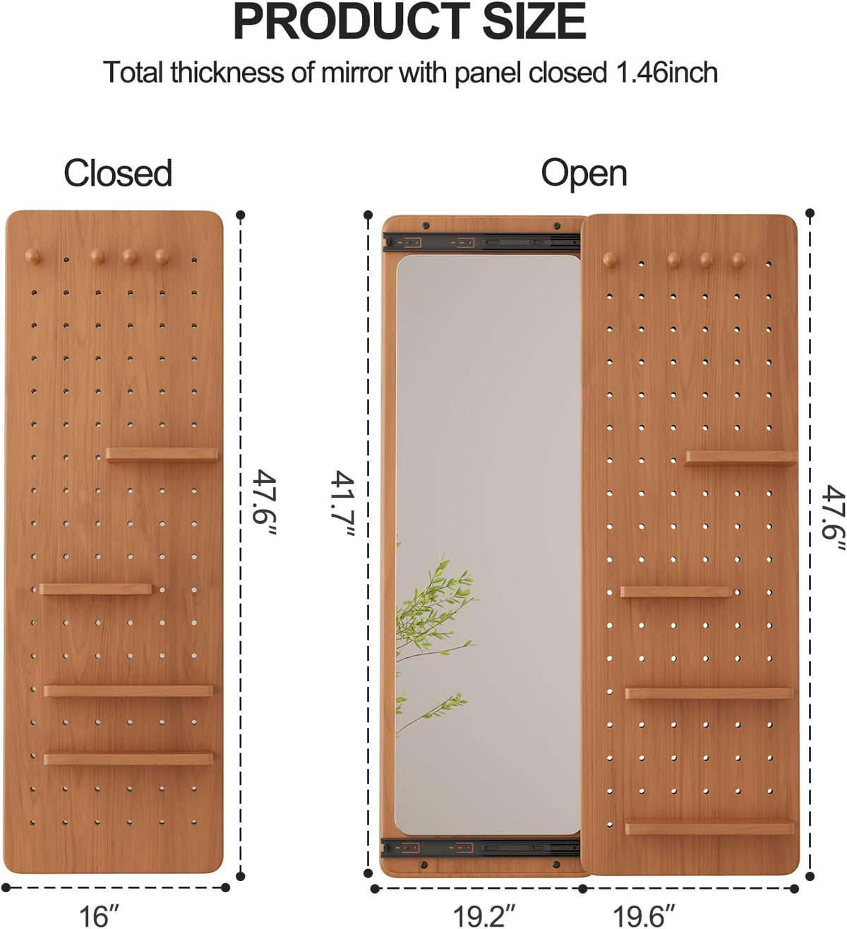 KungFuWood Full Length Mirror with Shelf and Hooks,Entry Way Mirrors for Wall,Wall Mirror with Shelf,Wall Mirror with Storage Multifunctional Design Panel,Living Room (Cherry, 52.4" L x 19" W)