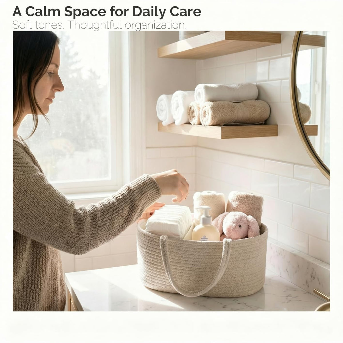 Diaper Caddy Organizer, Large Cotton Rope Nursery Baby Basket, Changing Table Organizer for Baby Diaper Storage, Portable Car Organizer Removable Divider (Oatmeal, Extra Large)