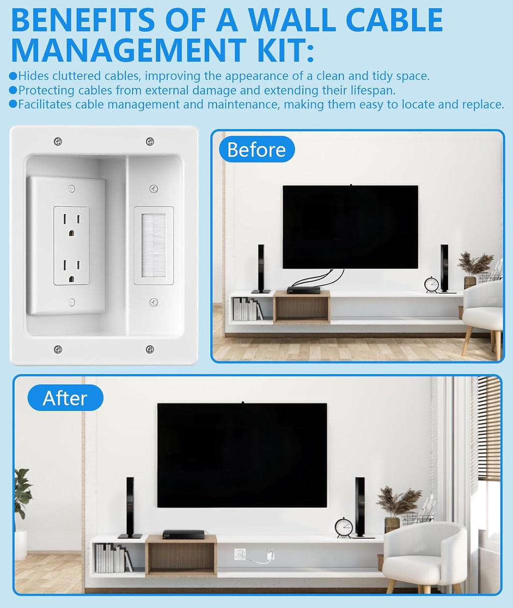 in-Wall TV Cable Management Kit, Dual Outlet Cord Hider for Wall Mounted TV with Data Jacks