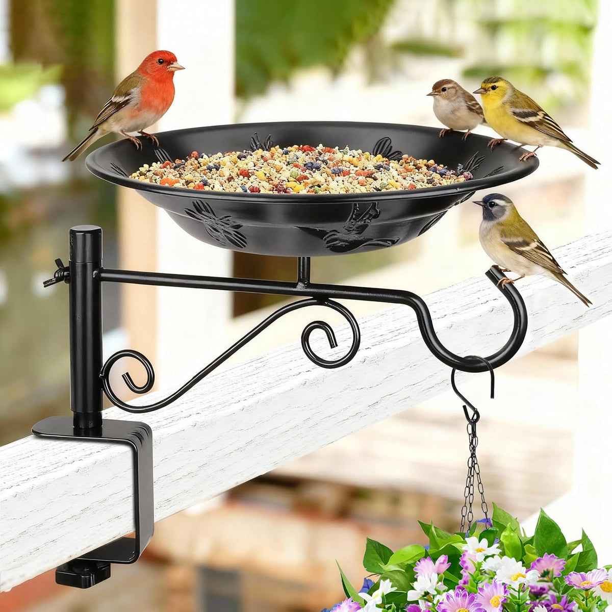 BOLITE Balcony Bird Feeder, Bird Bath with Plant Hook for Outdoors, Black