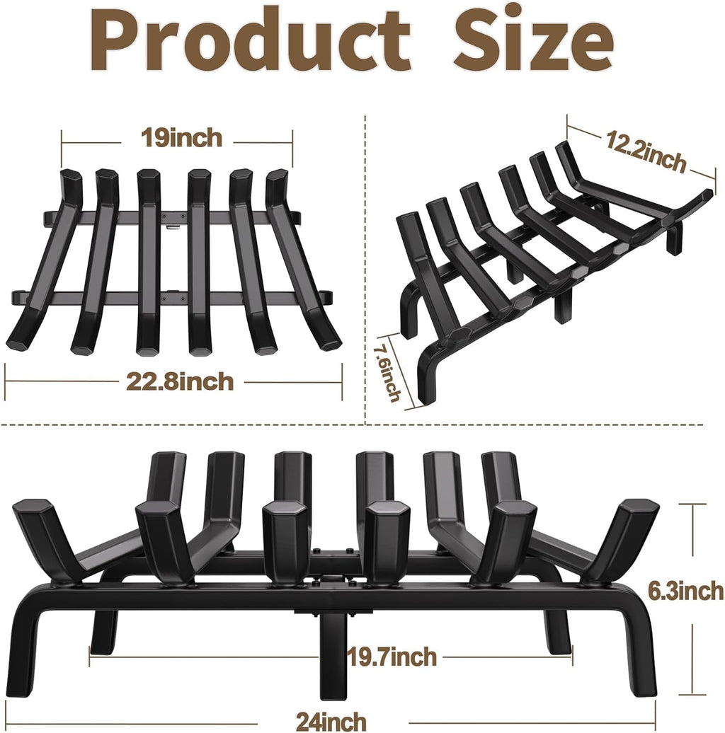Amagabeli Fireplace Log Grate 24 inch Wide Heavy Duty Solid Steel Indoor Chimney Hearth Fire Grates for fire place Outdoor Kindling Tools Pit Wrought Iron Wood Stove Firewood Burning Rack Holder Black