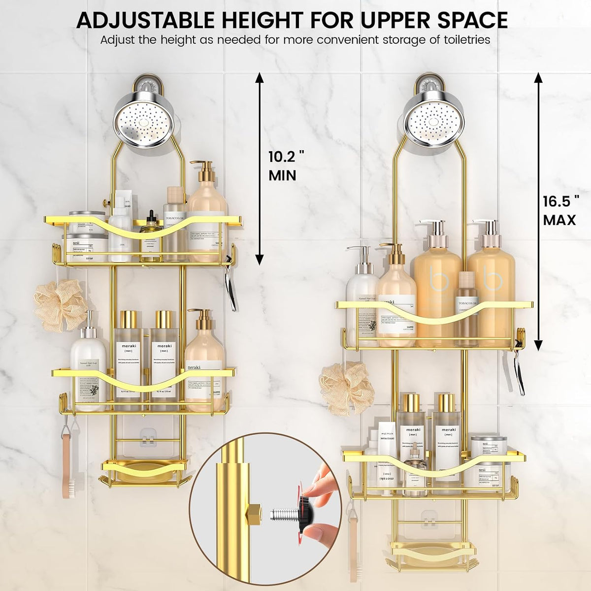 Adjustable Shower Caddy Hanging Rustproof Shower Organizer, Gold
