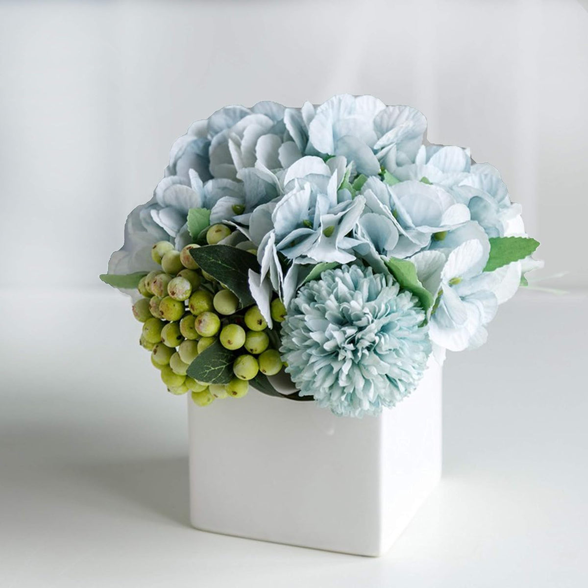 LADADA Artificial Flower Hydrangea and Small CeramicVase Fake Plant Eucalyptus Leaf Berry Flower Arrangement for Home Decoration (White)