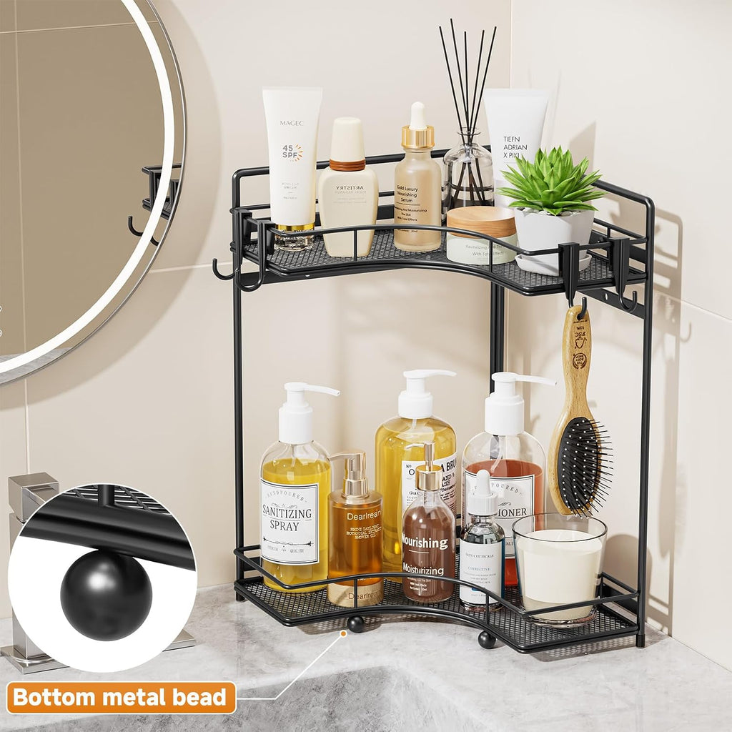 VITVITI 2-Tier Corner Bathroom Counter Organizer, Bathroom Countertop Organizer Storage for Sink, Metal Mesh Makeup Organizer for Vanity Countertop Kitchen with Hooks, Black