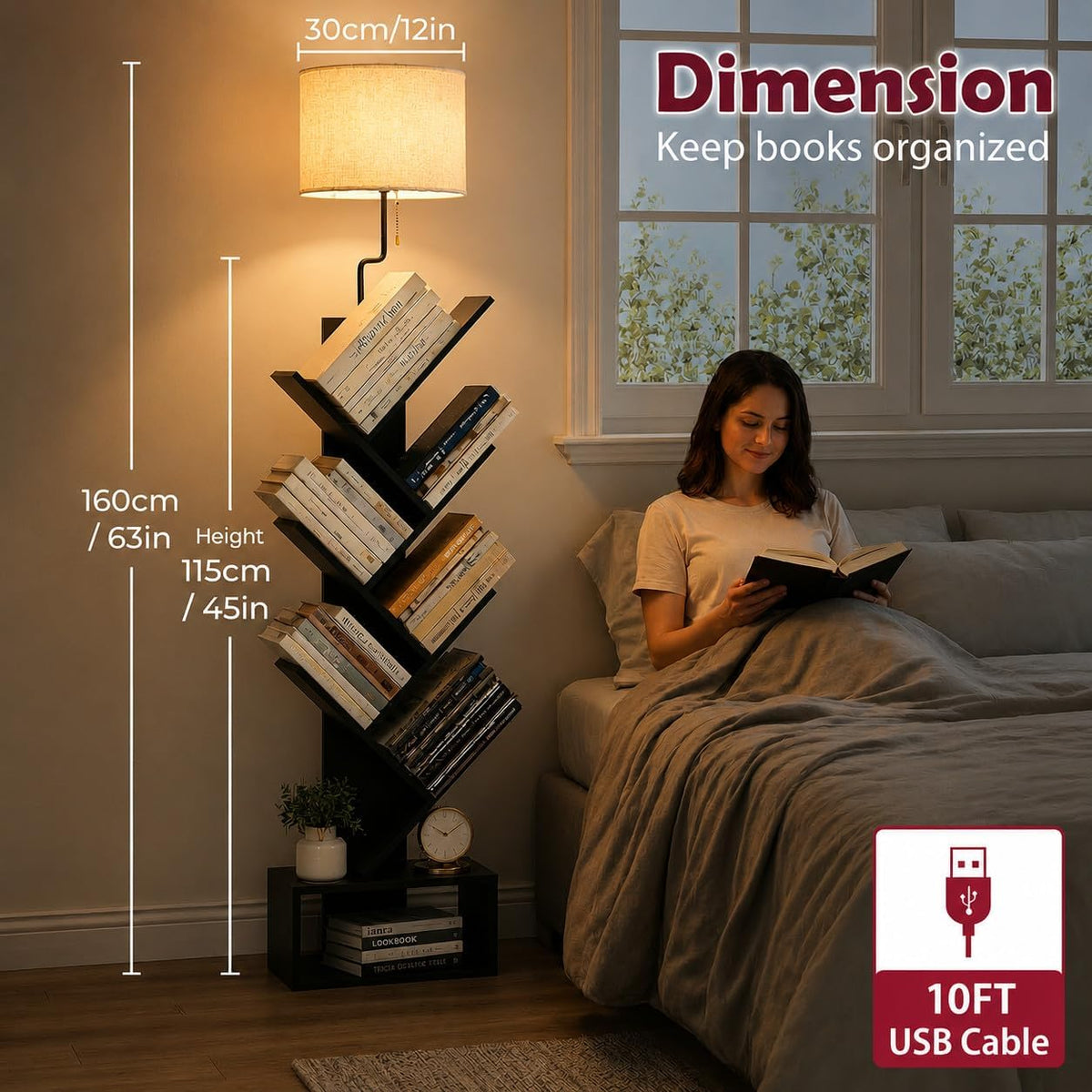 XBurmo 6 Tier Tree Bookshelf with Lights - Small Bookcase, Compact Book Tower with Drawer, Corner Bookshelf for Bedroom, Living Room and Home Office Storage, Black