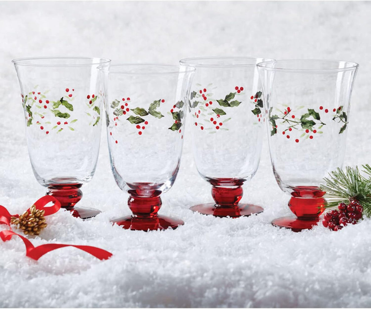 Pfaltzgraff Winterberry 4-Piece Hand-Painted Glass Water Goblets 14 oz