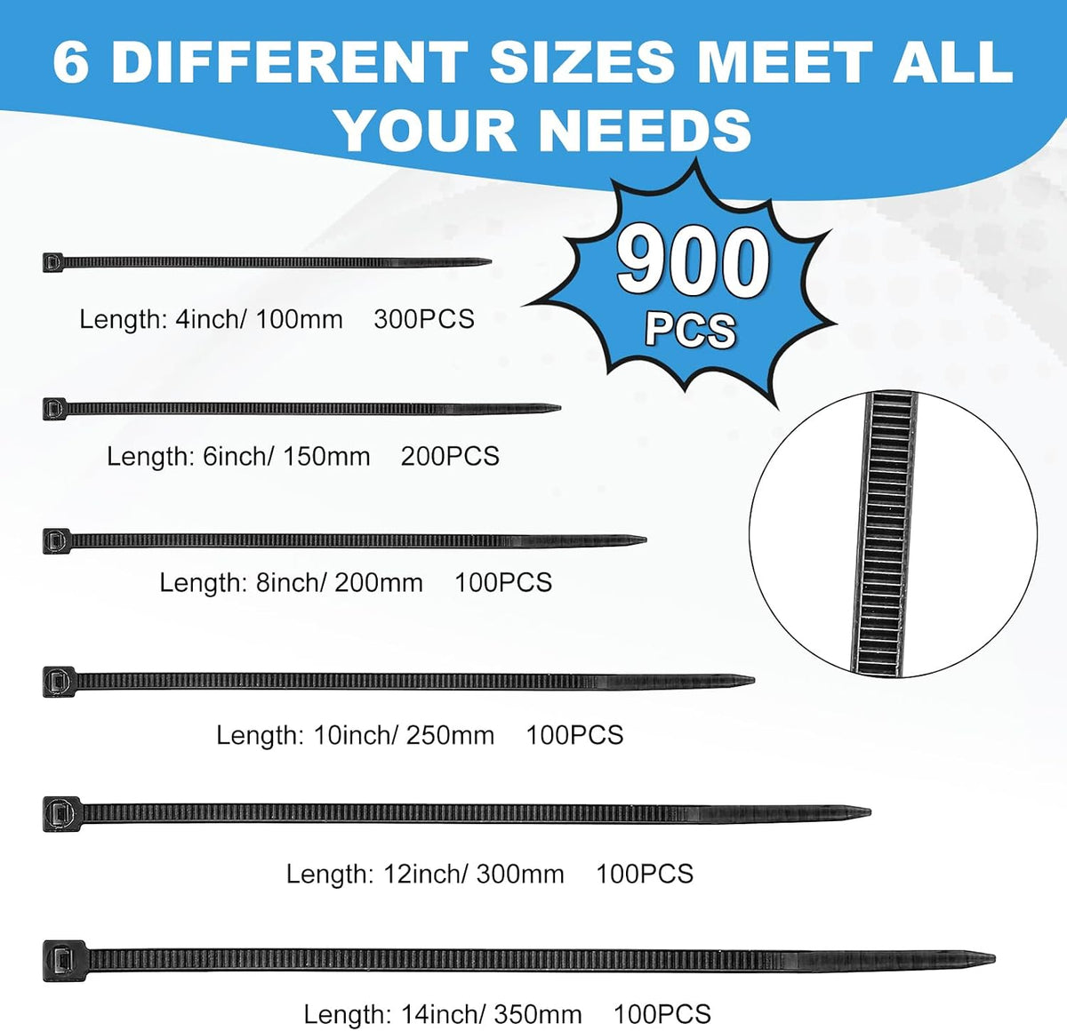 Zip Ties Assorted Sizes(14+12+10+8+6+4 Inch), 900 Pcs Black zip Ties for Home, Office, Garden, Workshop, Multi-Purpose Wire Management Cable Tie Wraps by Limsougle.