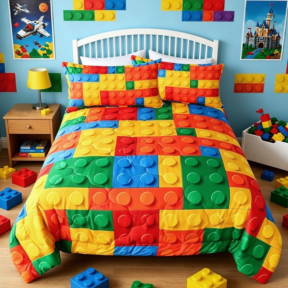 BlessLiving Twin Comforter with Colorful Building Blocks Twin Bedding Sets