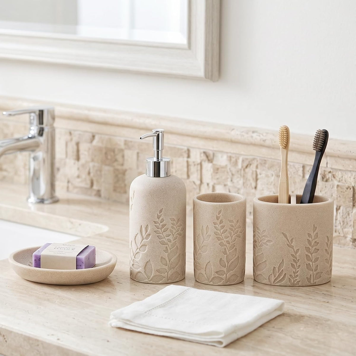 Bathroom Accessories Set, 4 PCS, Sandstone Look Leaf Beach Style