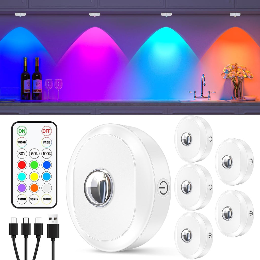 WILLED Puck Lights with Remote Control, Rechargeable Under Cabinet Lights, 1200mAh Battery Operated Tap Lights, Dimmable Push Lighting, Wireless Closet Light, LED USB Stick On Light (6 Pack)