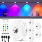 WILLED Puck Lights with Remote Control, Rechargeable Under Cabinet Lights, 1200mAh Battery Operated Tap Lights, Dimmable Push Lighting, Wireless Closet Light, LED USB Stick On Light (6 Pack)