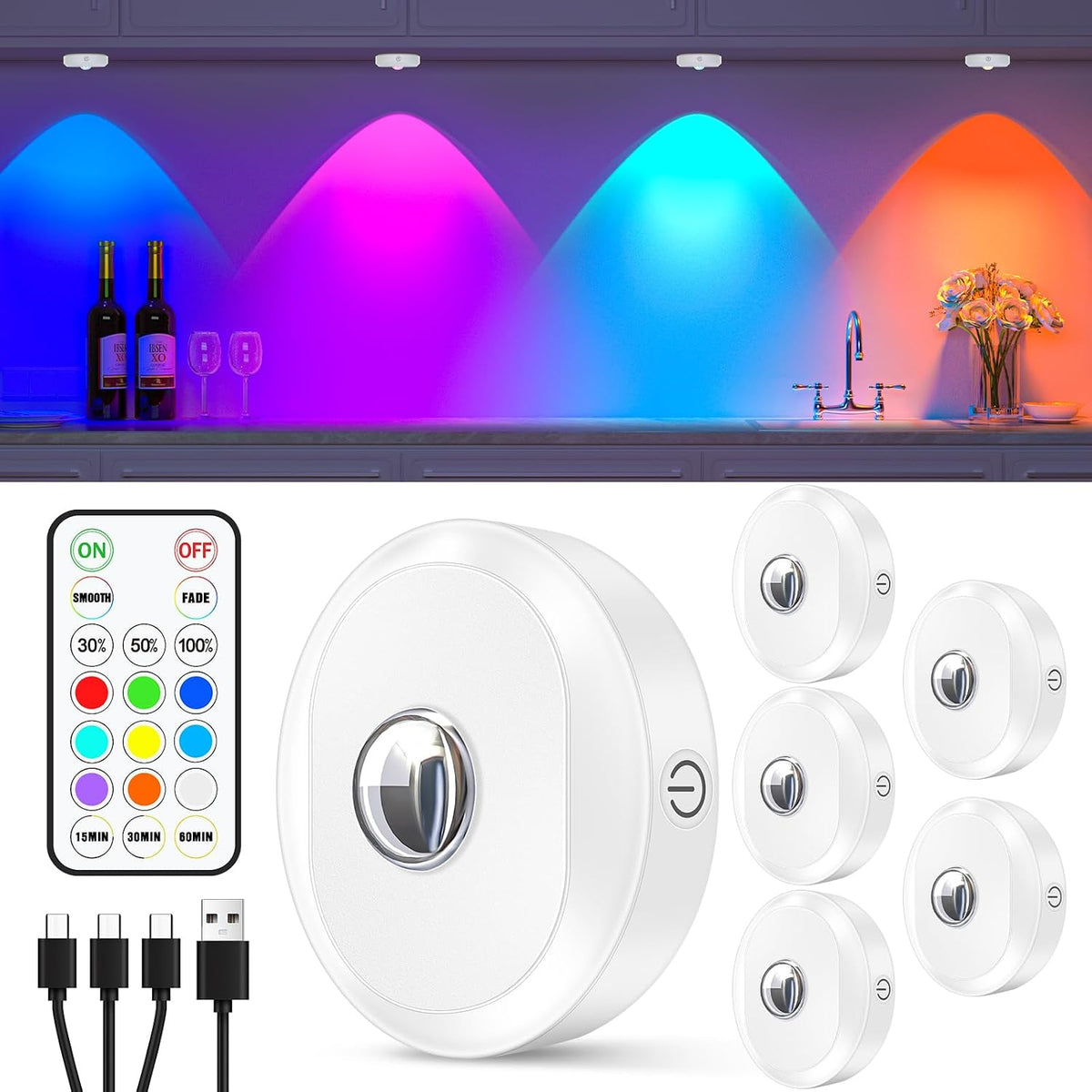WILLED Puck Lights with Remote Control, Rechargeable Under Cabinet Lights, 1200mAh Battery Operated Tap Lights, Dimmable Push Lighting, Wireless Closet Light, LED USB Stick On Light (6 Pack)