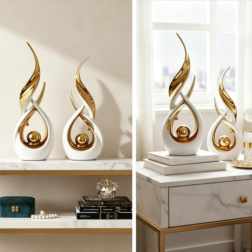 Gold Ceramic Abstract 2 Piece Statue Set,Mid Century Modern Abstract Art Home Decor Statue Mantelpiece on Unique Shelf Decor, TV Cabinet Divider Table top and Dining Table Centerpiece (White Gold)