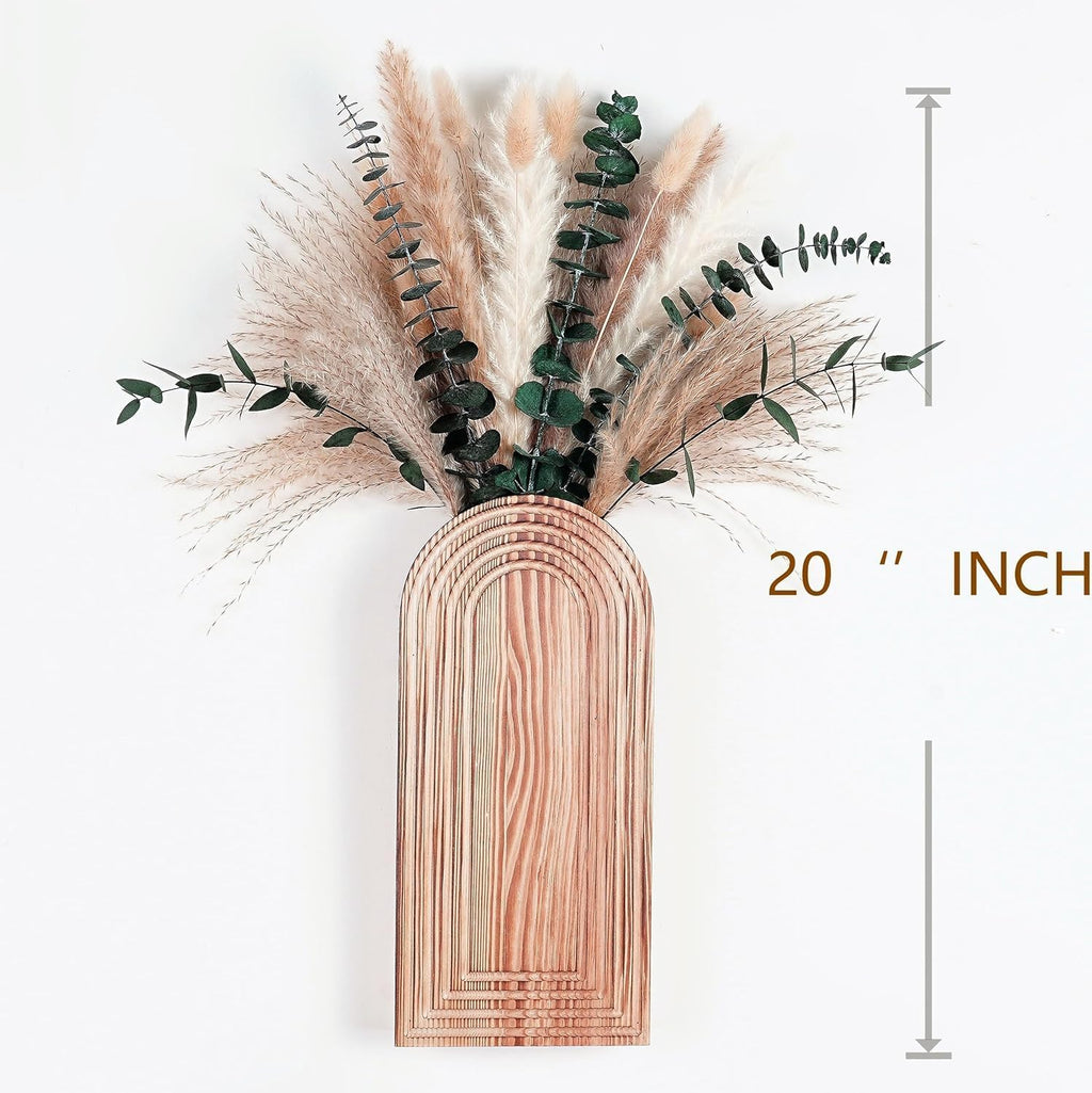 2 Pack Wall Wooden Vases with Pampas Grass – Boho Decor for Living Room, Modern Farmhouse Entryway or Bathroom, Rustic Art for Home Decoration