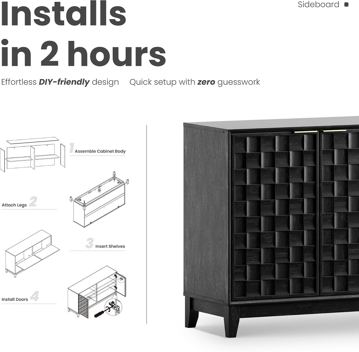 MALOL 59" Fluted Sideboard Buffet Cabinet with Storage, Wood Buffet Table with 4 3D-Checkerboard Doors & Adjustable Shelves, Kitchen Dining Room Coffee Bar Cabinet, Mid Century Modern Style, Black
