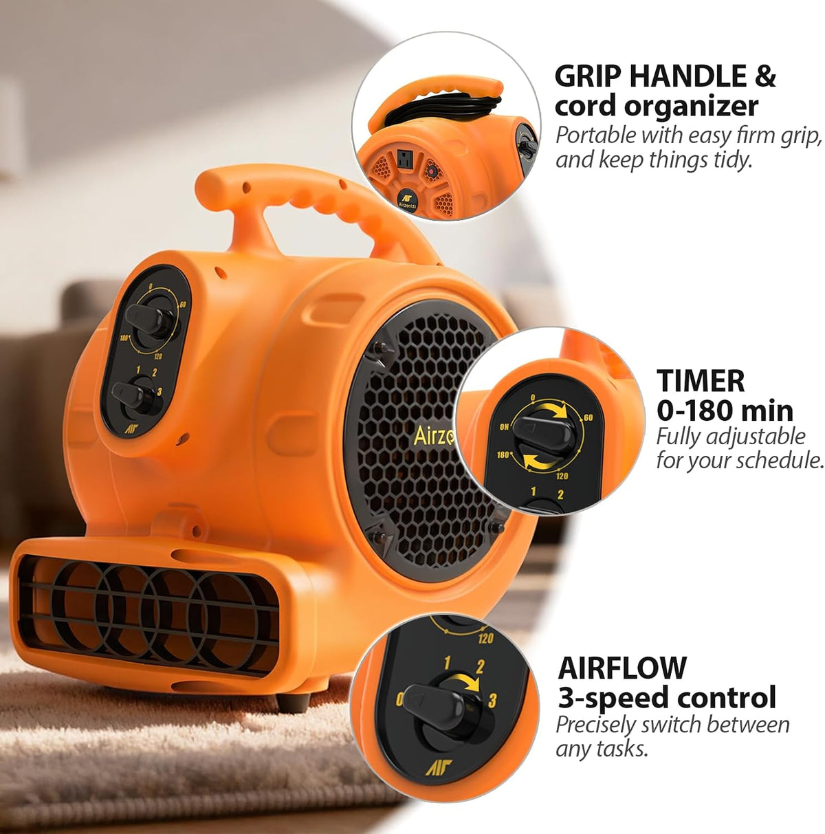 1100 CFM 3-Speed Industrial Air Mover Floor Blower Fan with Timer