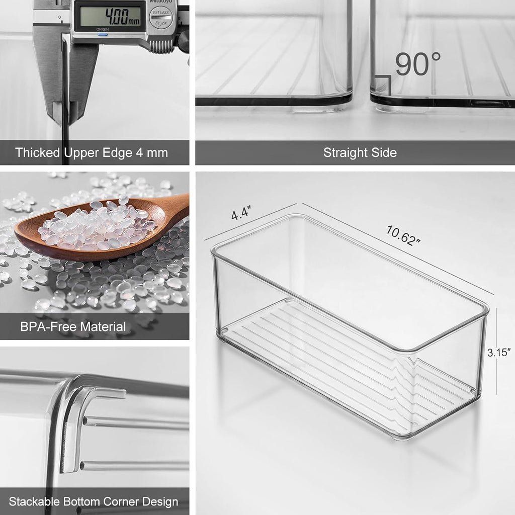 Hudgan 4 Clear Pantry Organizer Bins for Kitchen Drawer, Refrigerator