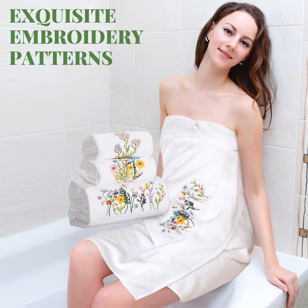 Moukeren 3 Pcs Floral Hand Towels Boho Wildflowers Cotton Bath Towel Set