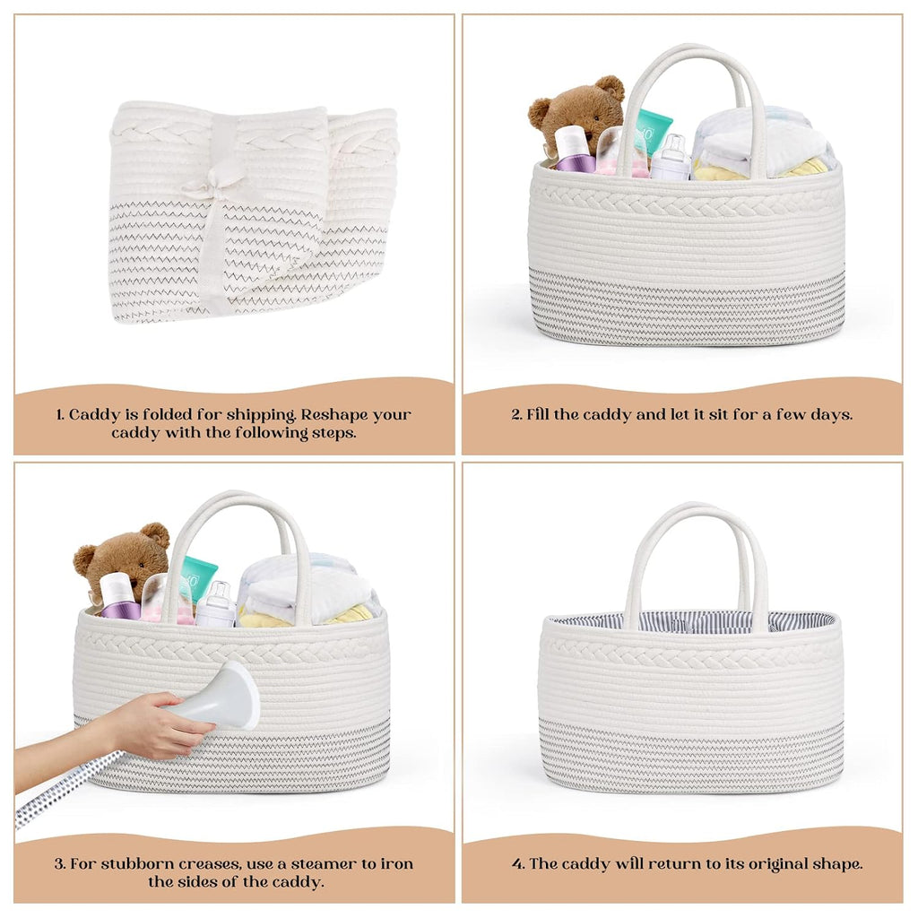 Diaper Caddy Organizer, Large Cotton Rope Nursery Baby Basket, Changing Table Organizer for Baby Diaper Storage, Portable Car Organizer Removable Divider (Off White, Extra Large)