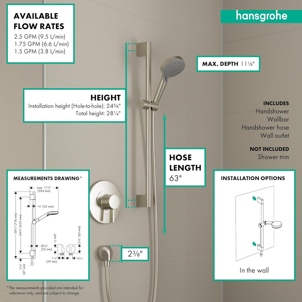 hansgrohe Vernis Blend 11-inch 3-Spray Handshower with Slide Bar and Hose, Rain, IntenseRain, Handheld Shower Head System in Brushed Nickel, 04970820