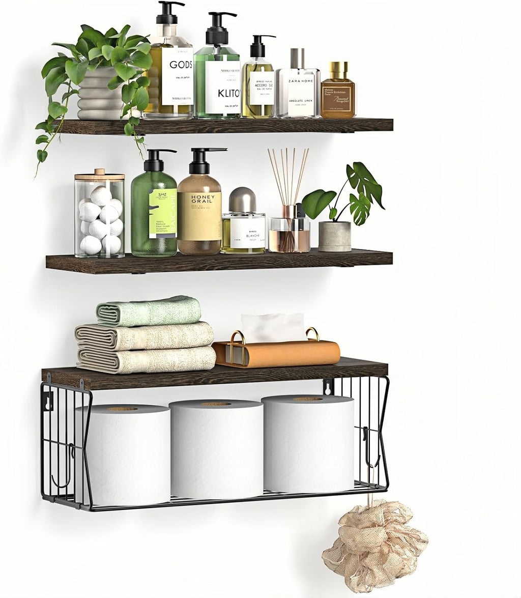 Floating Bathroom Shelves Wall Mounted - Wooden Shelf Set of 3 for Over Toilet Storage & Farmhouse Bathroom Decor - Perfect Shelving Organizer for Apartments RVs Powder Room Restroom - Rustic