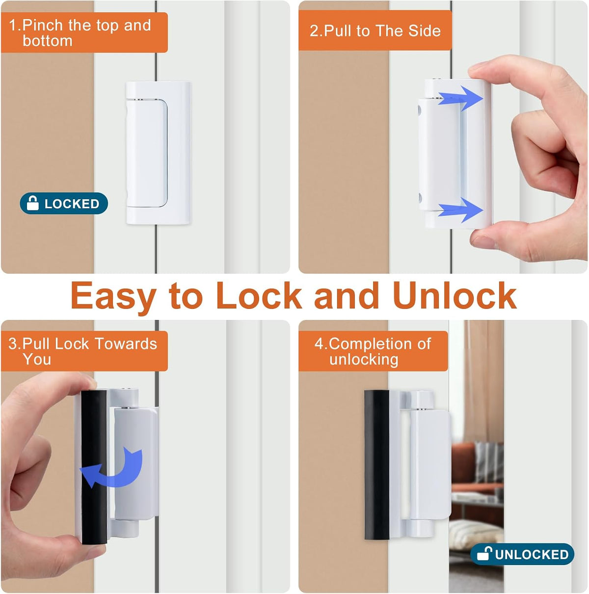 2 Pack Home Security Door Lock,with 3" Stop Withstand 800 lbs (White)