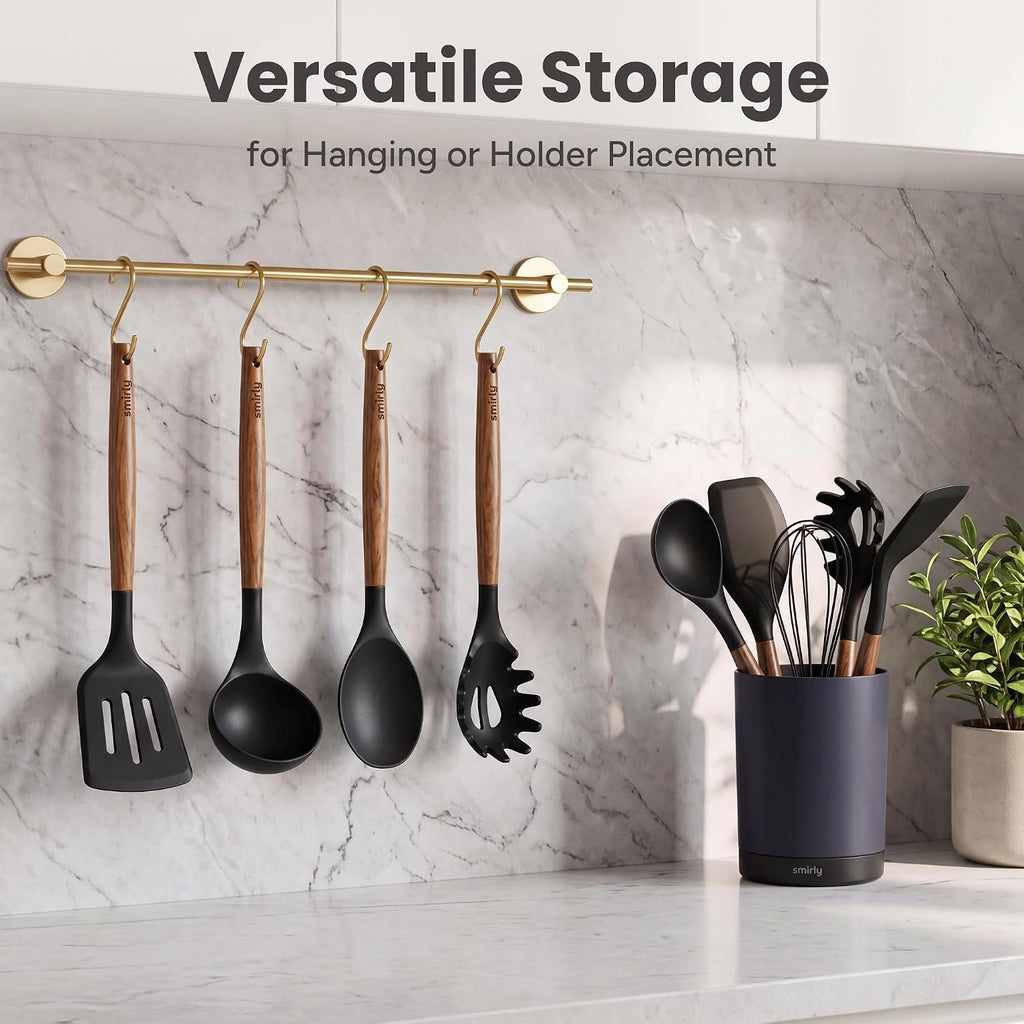 SMIRLY Silicone Kitchen Utensils Set, 22-Piece Acacia Wood Handle, Black