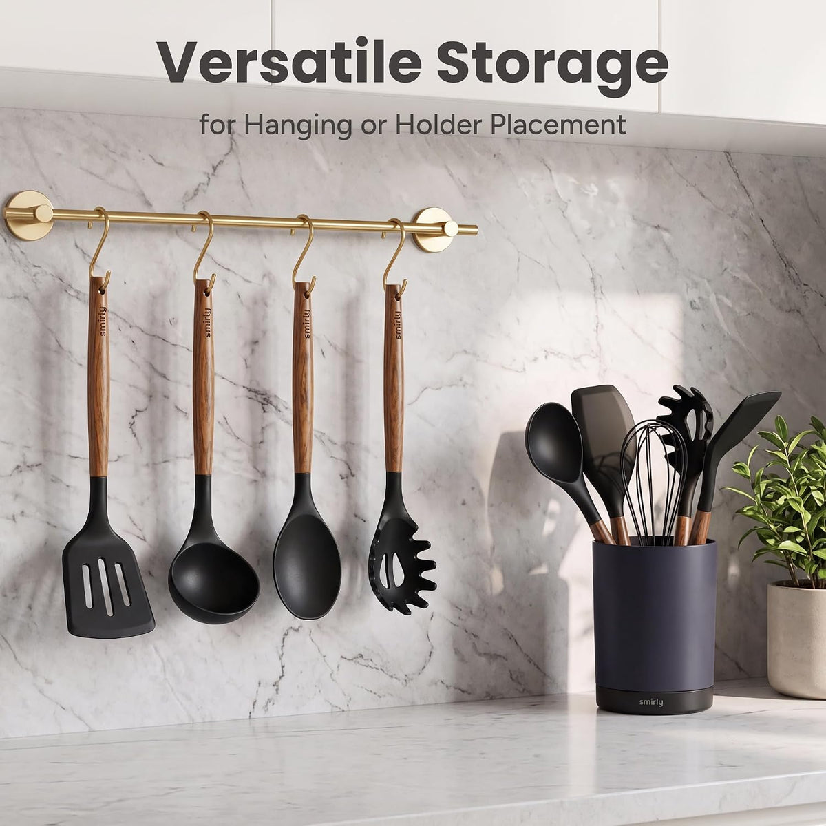 SMIRLY Silicone Kitchen Utensils Set, 22-Piece Acacia Wood Handle, Black