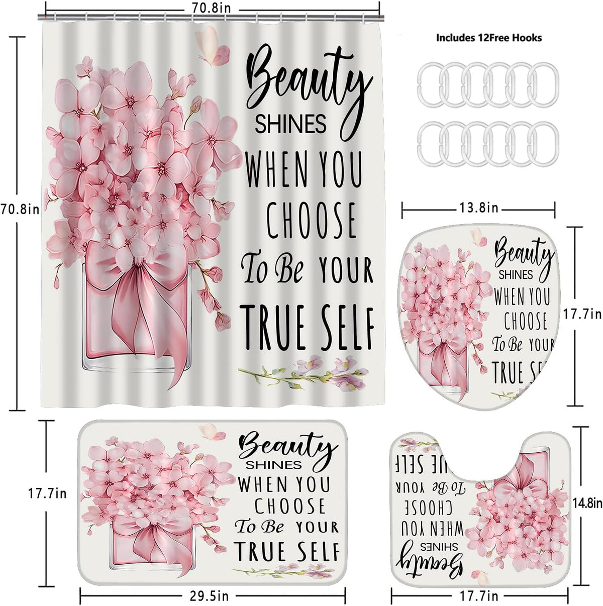 AZHM 4pcs Pink Floral Bathroom Shower Curtain Set with Rugs and Accessories