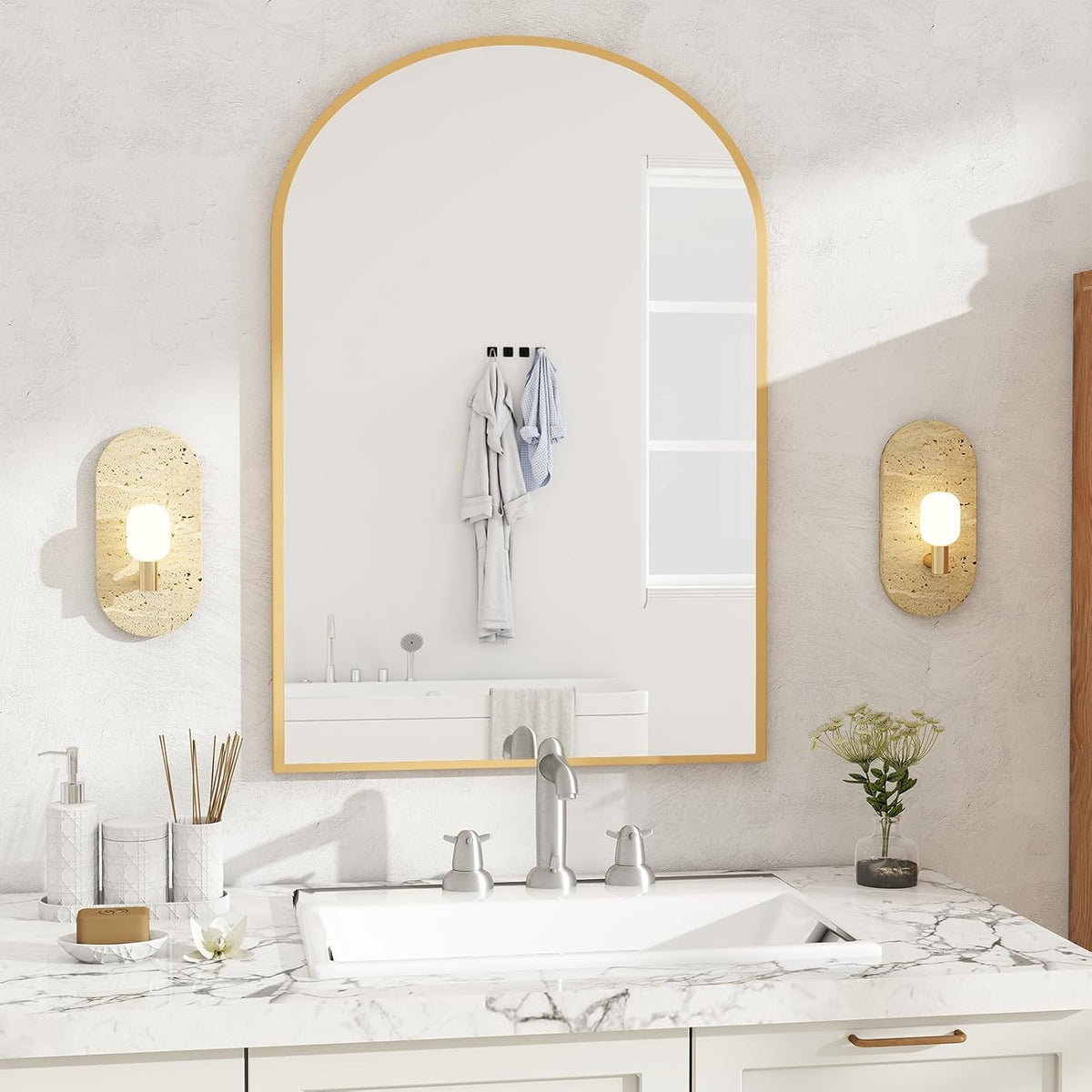 NEWBULIG 20X30 Inch Arched Bathroom Wall Mirror for Over Sink, Gold