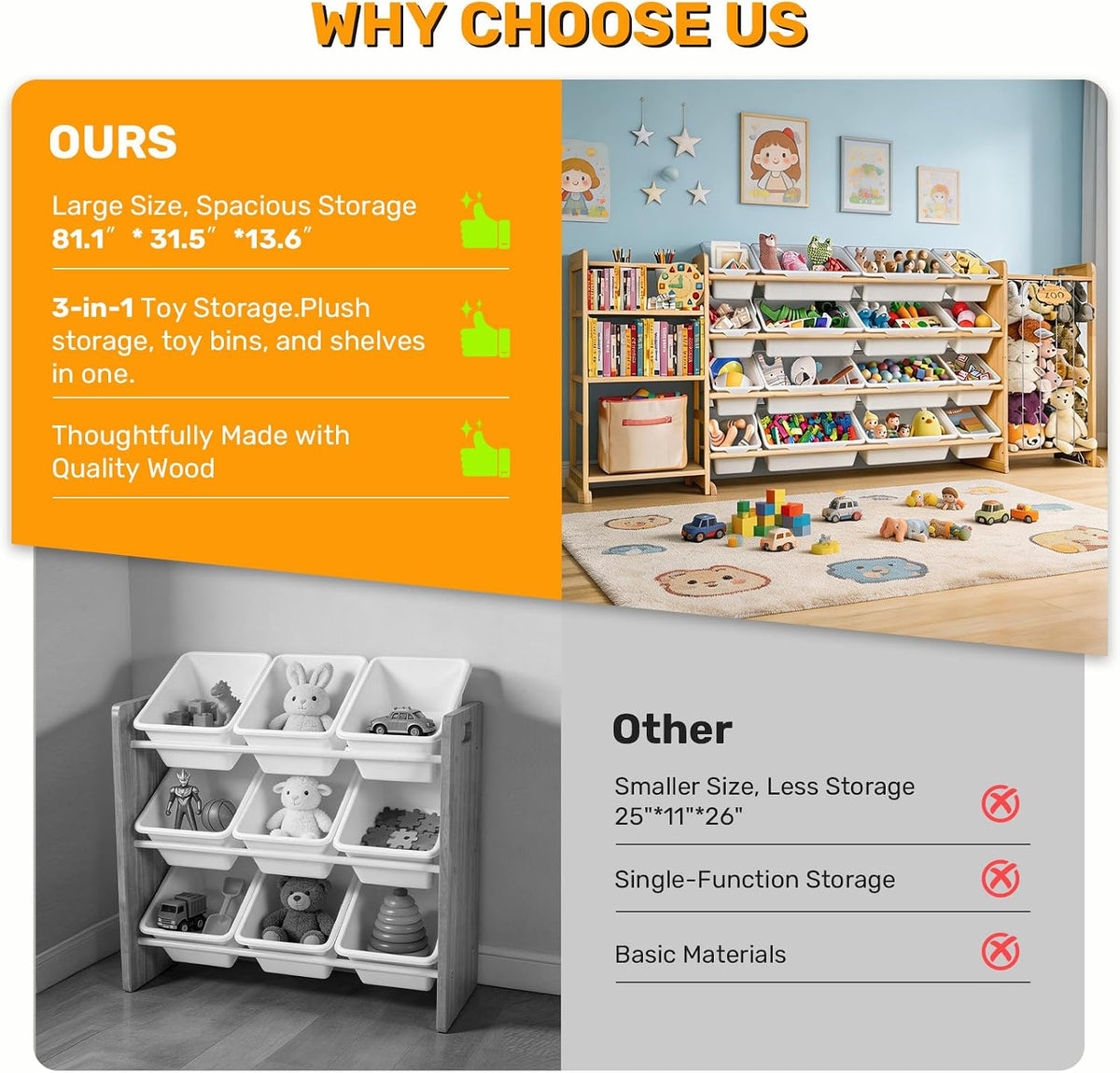 3-in-1 Toy Storage Organizer with Bookshelf (Extra Large 81")