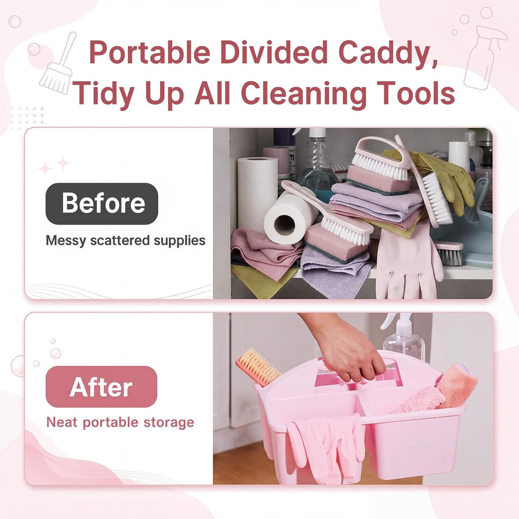 7 Pcs Cleaning Caddy Kit, Portable Divided Organizer, Pink