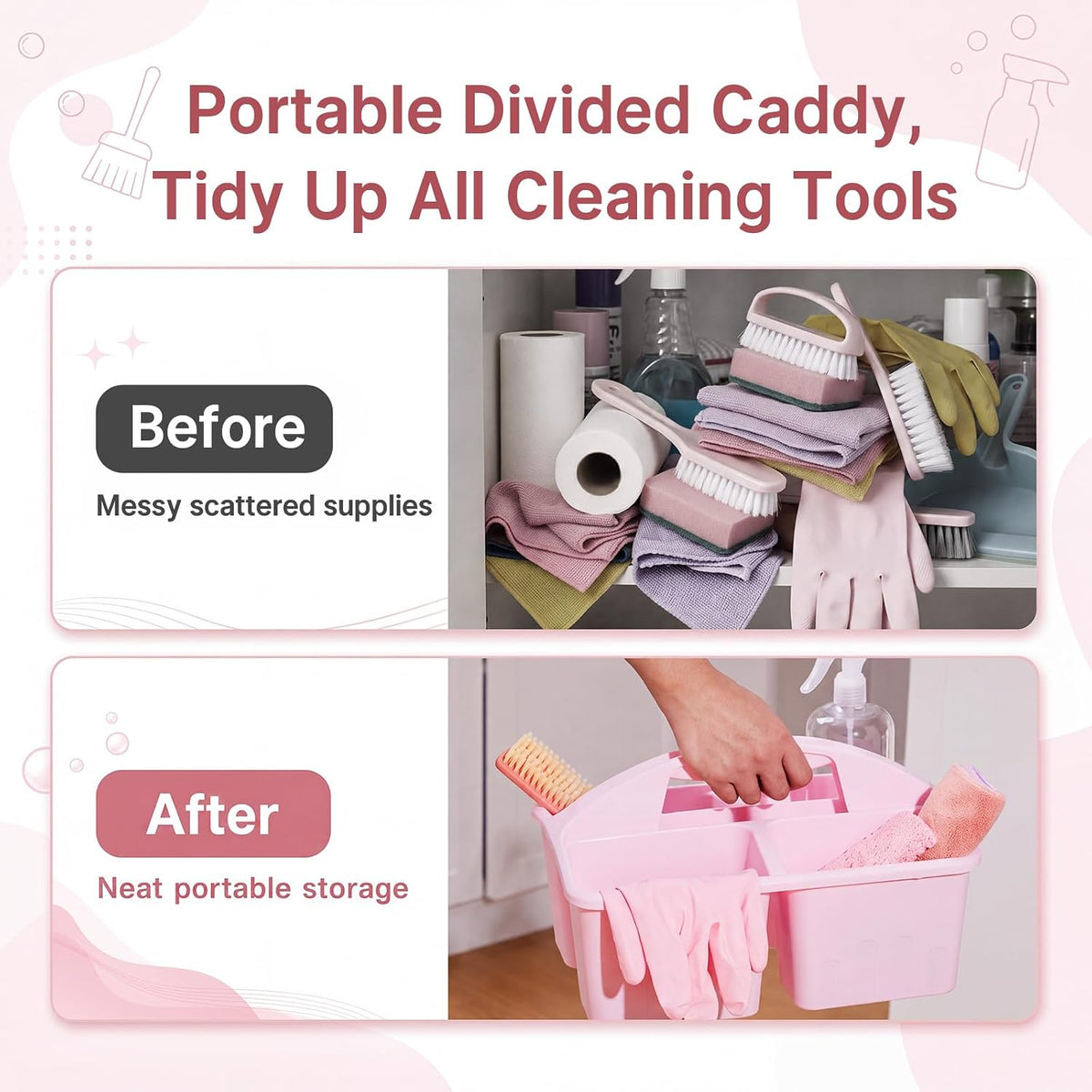 7 Pcs Cleaning Caddy Kit, Portable Divided Organizer, Pink