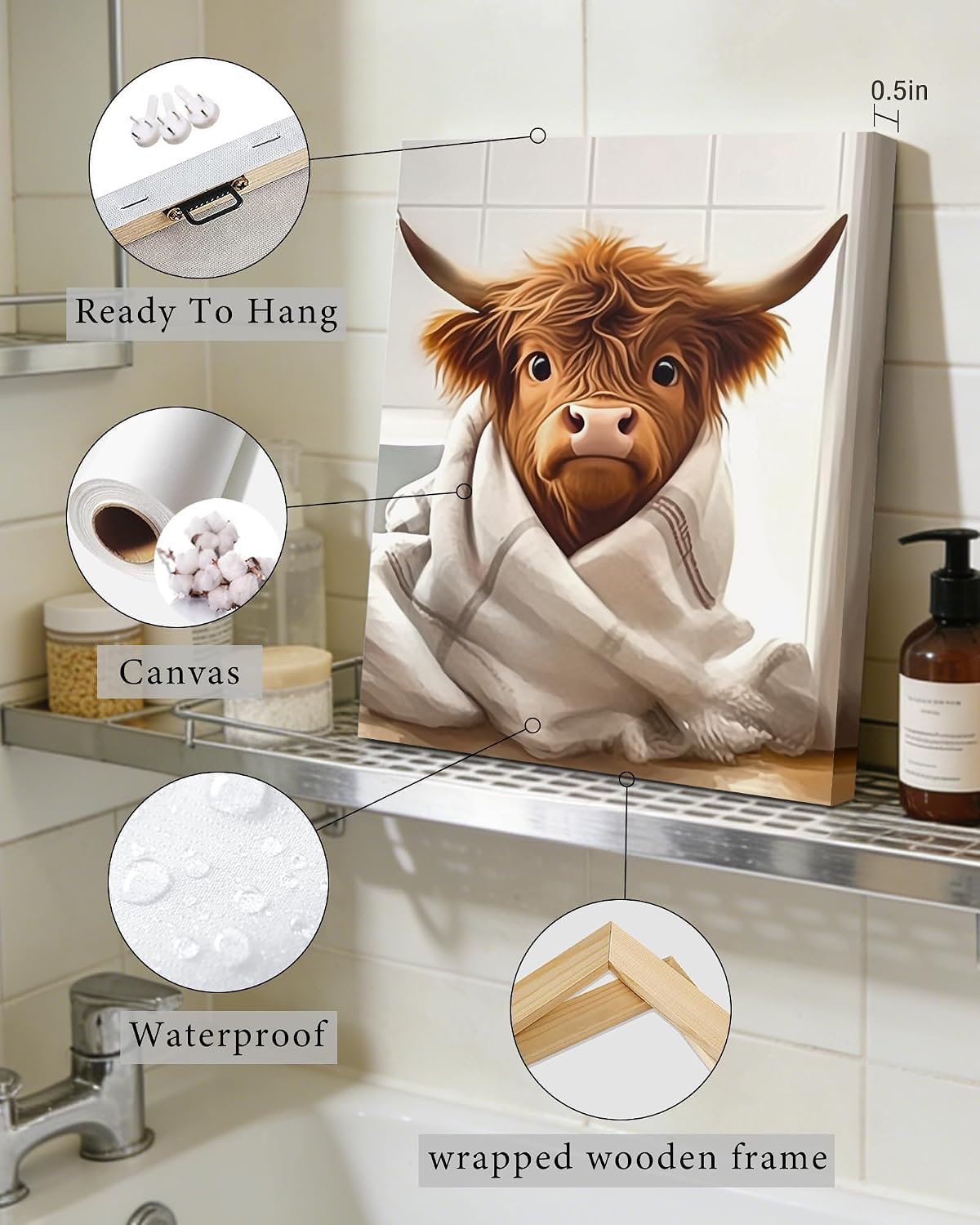 Drsoum Cute Highland Cow Bathroom Framed Wall Art Funny Animal Rustic Canvas Prints for Bathroom Restroom Decor 8x10in (Framed)