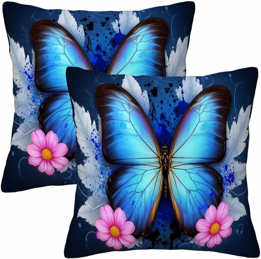 Blue Morpho Butterfly Throw Pillow Covers 18x18 Set of 2,Pink Daisy Flower White Feather Decorative Pillow Covers for Sofa Couch Living Room Soft Home Decor,Outdoor Patio Car Cushion Cases