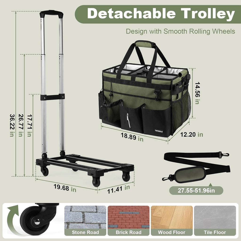 Extra-Large Rolling Cleaning Caddy with Wheels,Cleaning Caddy Bag with Detachable Trolley,Water Resistant Lining Cleaning Supply Organizer with Handle for Cleaners,Housekeepers (Army Green)