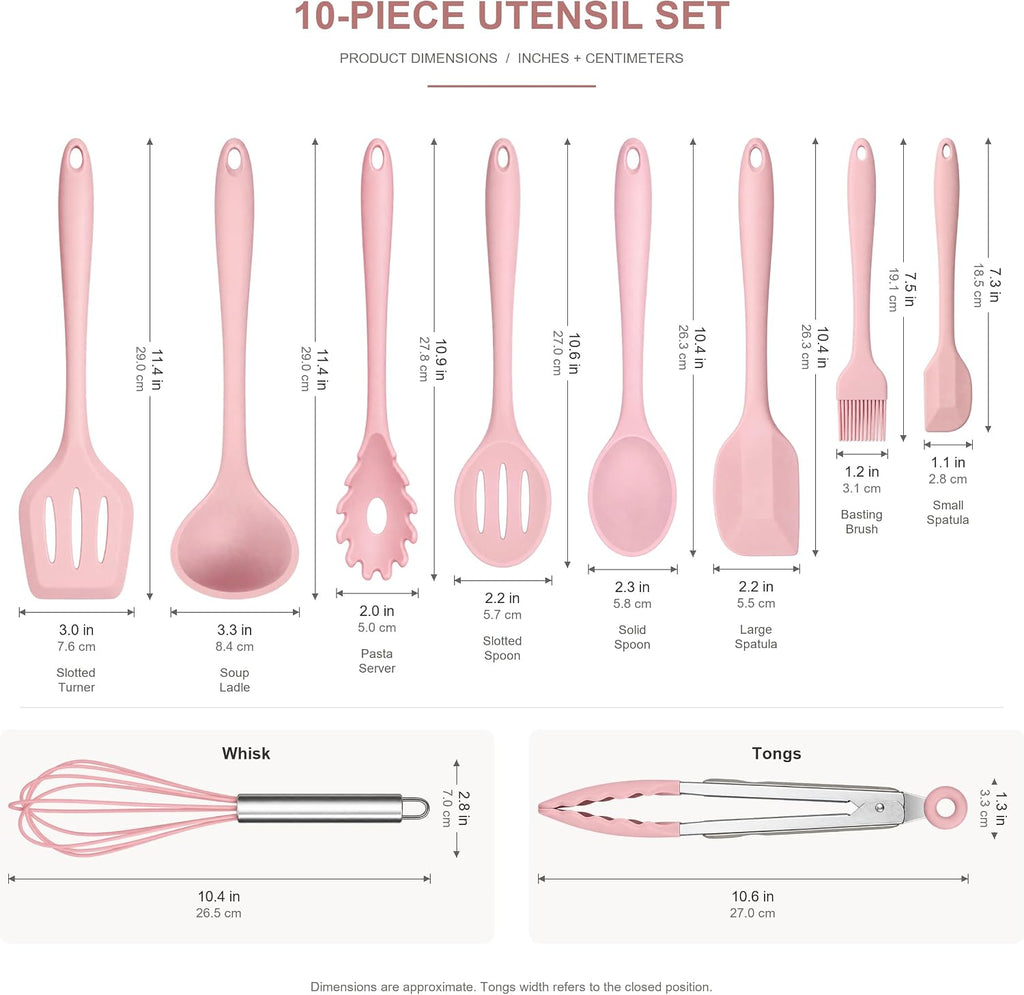 10-Piece Silicone Kitchen Utensil Set with Tongs, Pink