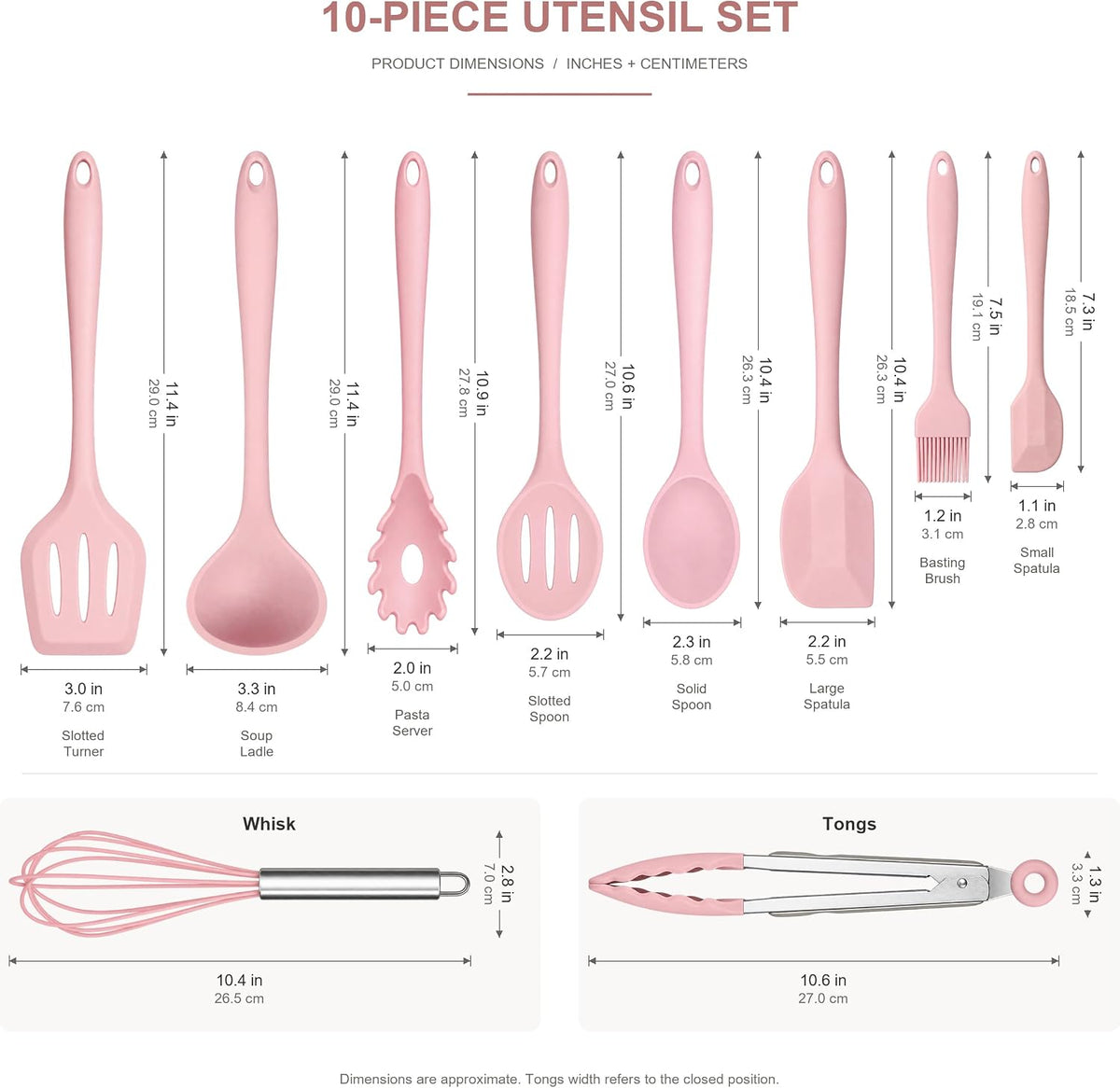 10-Piece Silicone Kitchen Utensil Set with Tongs, Pink